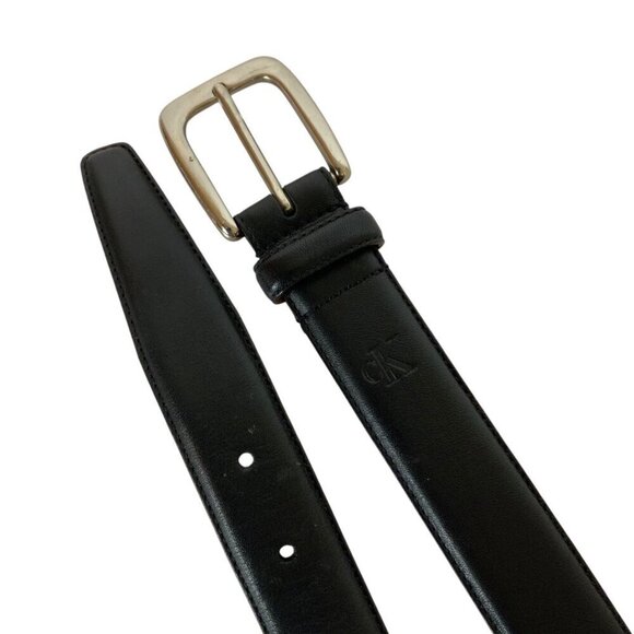 Calvin Klein Mens Dress Belt Size 36 Black Genuine Leather Silver Tone Buckle - Picture 2 of 4